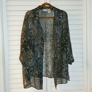 22W/ 24 W Vintage White Stag Black Paisley Sheer Kimono-Inspired Blazer